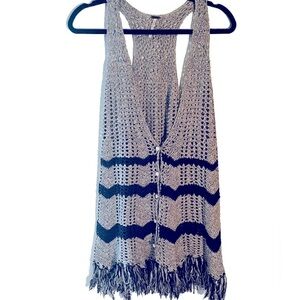 Free People Gray & Blue Sleeveless Cardigan Size L Silk Linen & Cotton Blend